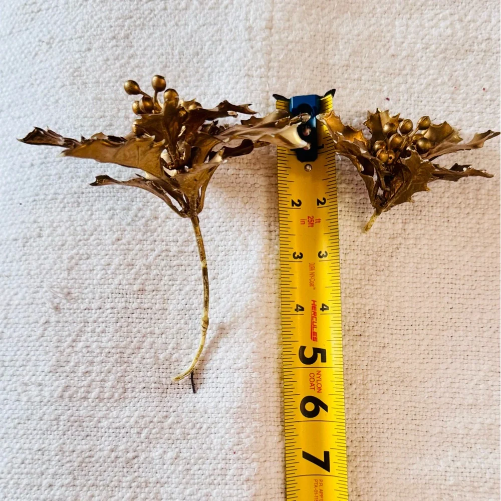 5 VINTAGE Metallic Gold Winter Holly Faux Floral Stems Thick & Rubbery Picks